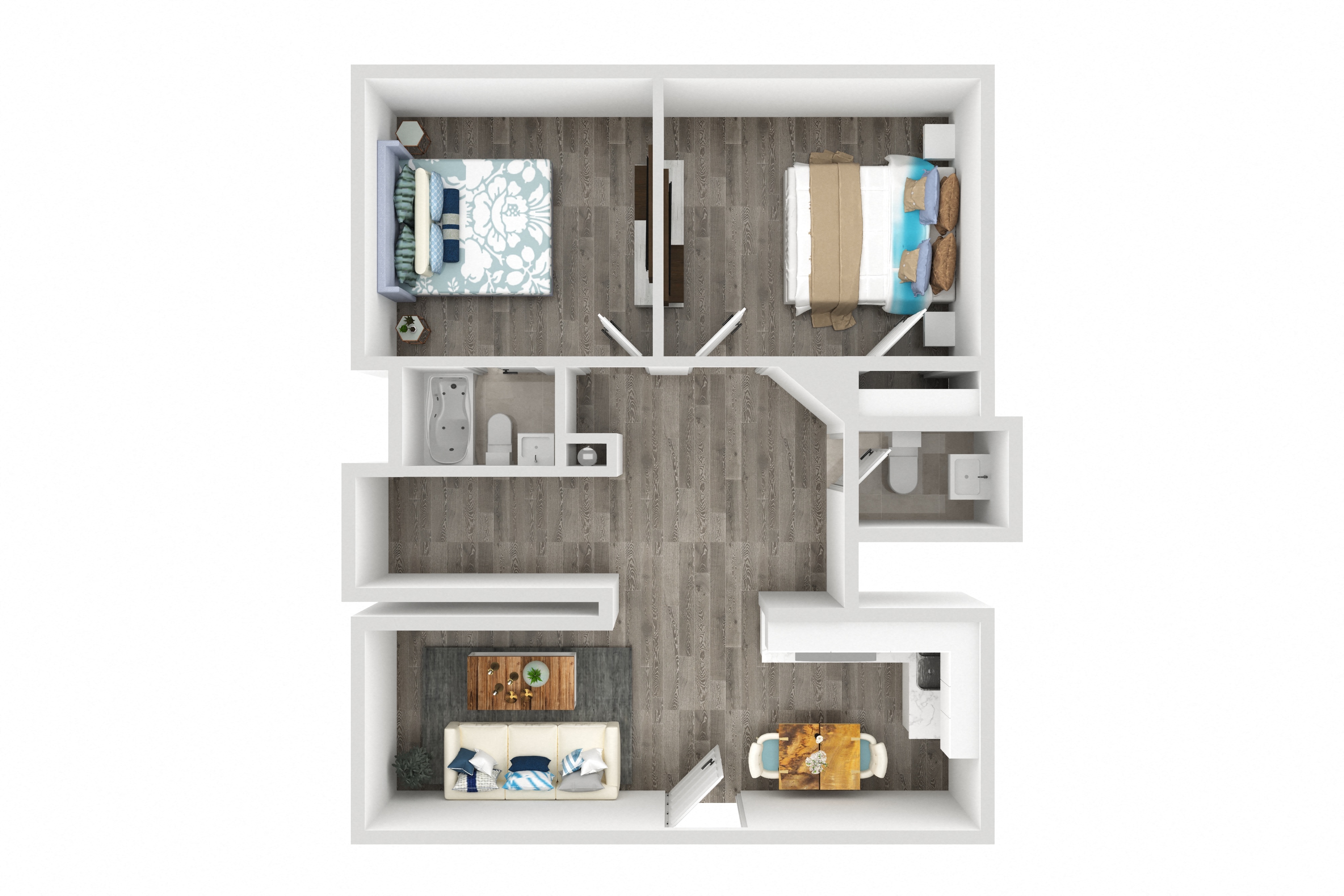 Floor plan for 2 beds, 2 baths, 750 sqft